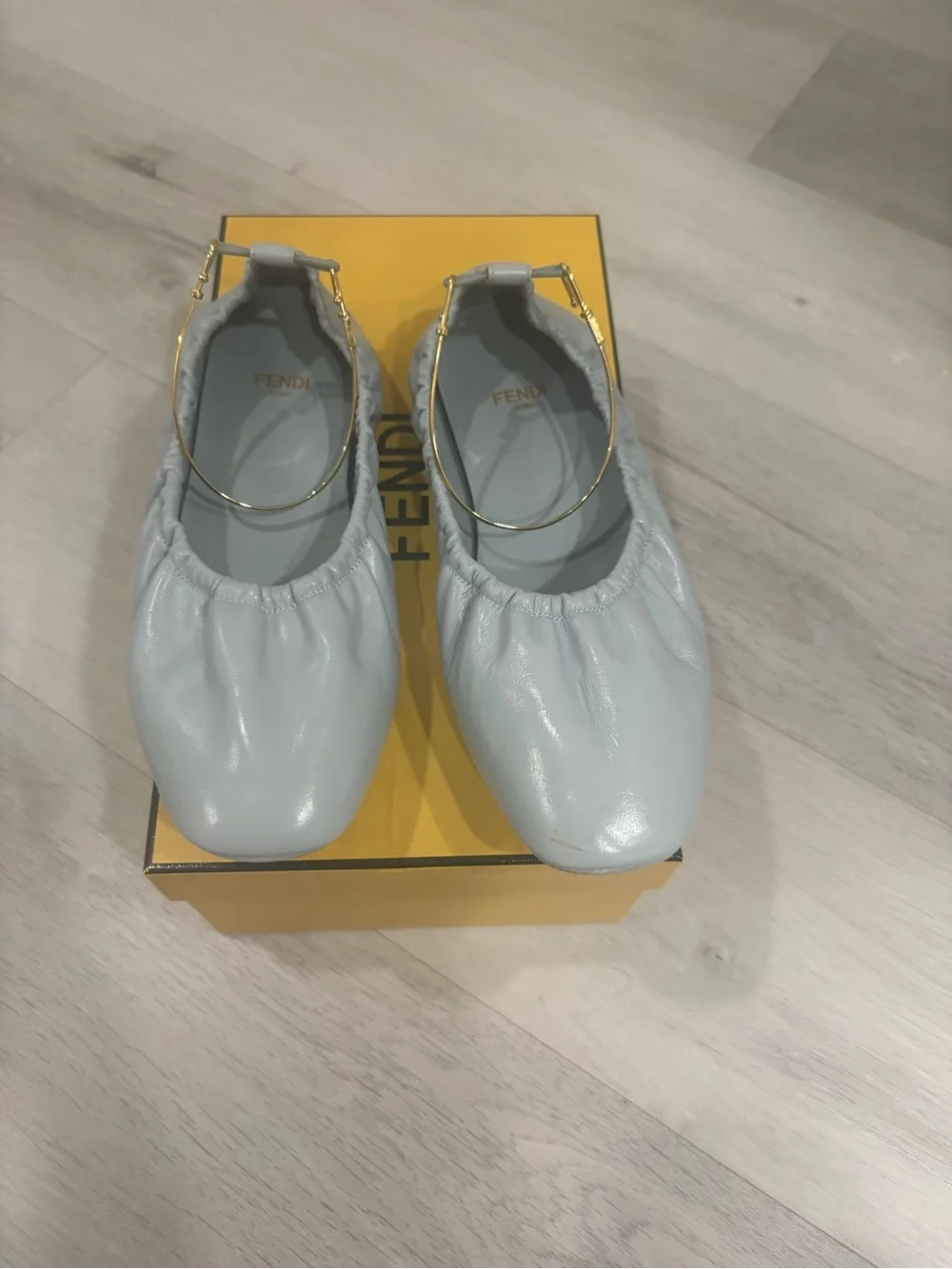Fendi Pale Blue Leather Ballerina Flat with Gold Hoop
